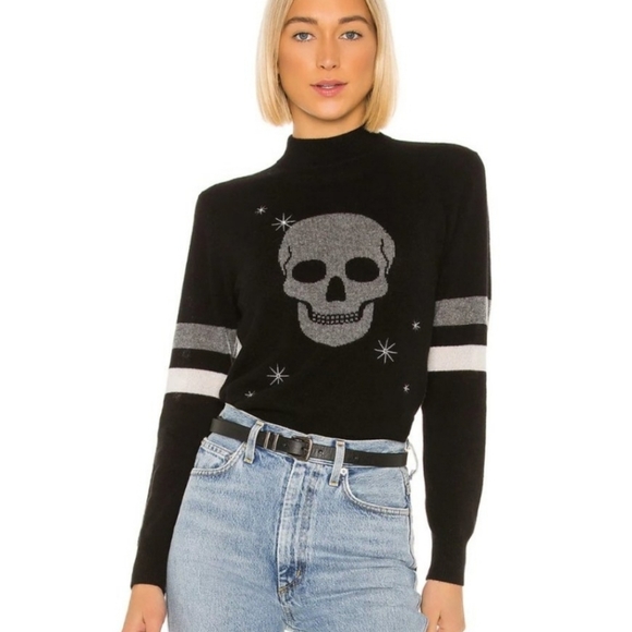 27 Miles Malibu Maja Skull 100% Cashmere Sweater Womens Small Ivory Mock Neck - Picture 3 of 16